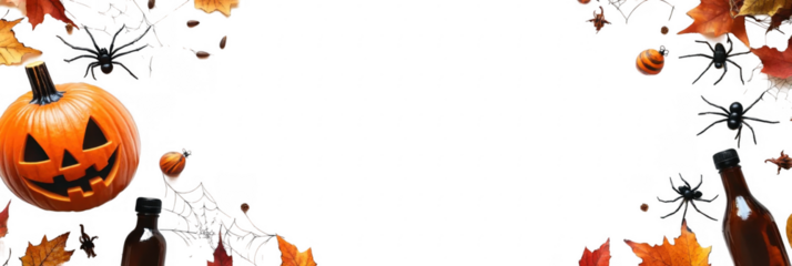 Elegant top view arrangement of Halloween decorations featuring pumpkins, spiders, and leaves on a transparent background for festive designs