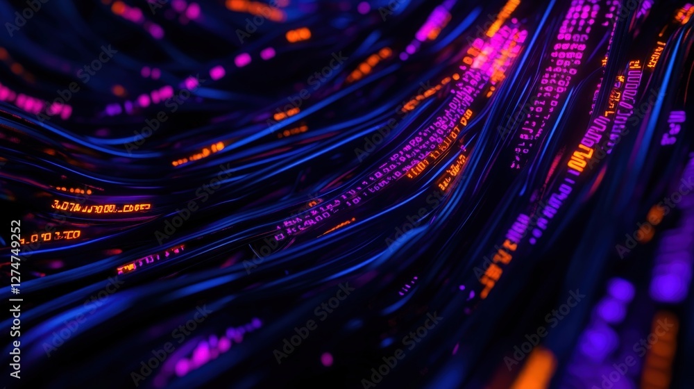 Poster a stunning, close-up view of flowing data streams illuminated in vibrant purple and orange. this abs