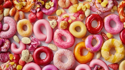 Colorful assortment of donuts with various toppings and flavors arranged on a white background