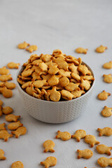 Mini Goldfish Crackers with Sea Salt in a Bowl, side view.