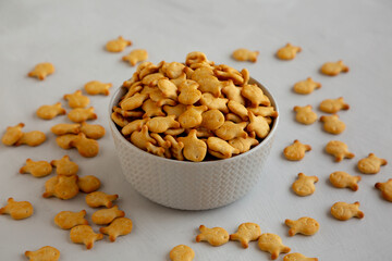 Mini Goldfish Crackers with Sea Salt in a Bowl, side view.