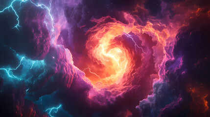 Dynamic vortex of colors, lightning bolts, and cosmic chaos, capturing the untamed beauty of a powerful storm, generative ai. Electric Aurora Vortex. Illustration