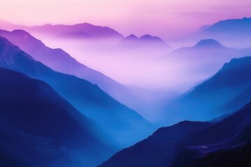 Obraz premium ethereal misty mountain landscape with layered purple and blue gradients, creating depth and mystery through atmospheric perspective
