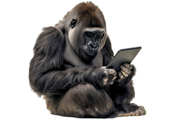 A curious gorilla engages with a tablet in a modern setting, exploring technology in an unusual way isolated on transparent background