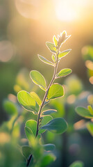 Fototapeta premium Close-up of vibrant green leaves thriving on a delicate branch, bathed in the warm glow of golden sunlight