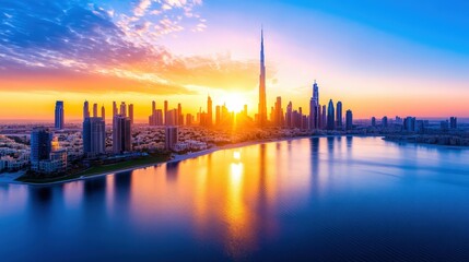 Obraz premium A stunning skyline view of a modern city at sunset, showcasing tall skyscrapers reflected in the calm waters. The vibrant colors of the sky create a breathtaking urban landscape.
