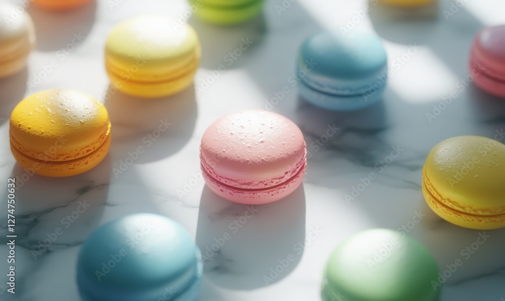 Poster array of colorful macarons styled on a marble surface with soft natural light, creating a delightful
