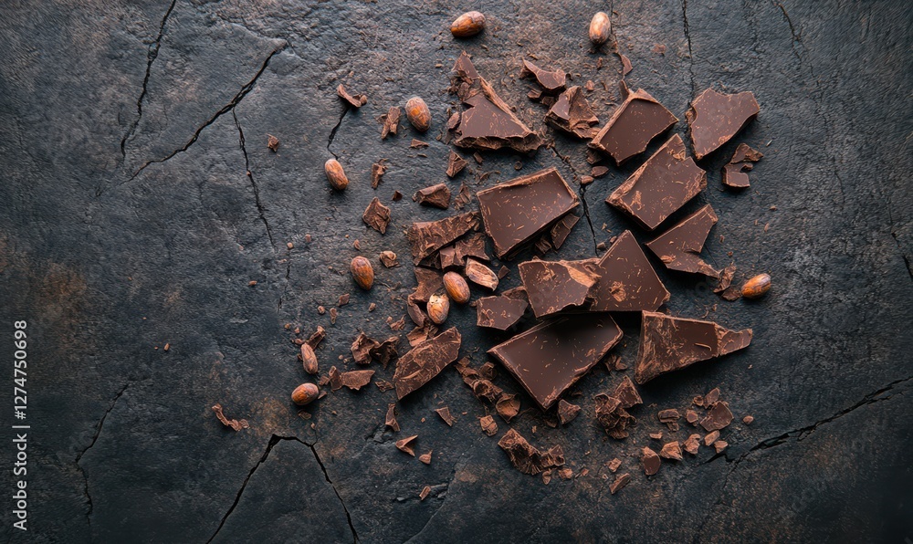 Poster artful composition of broken chocolate bars with cocoa beans scattered on a textured slate surface, 