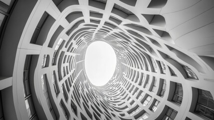Abstract architectural spiral building interior, looking upward to skylight. Suitable for architectural design, urban living, or modern design inspiration