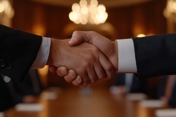 Two individuals are engaged in a firm handshake, symbolizing a successful business agreement in a well-decorated conference room setting, indicating professionalism and collaboration.