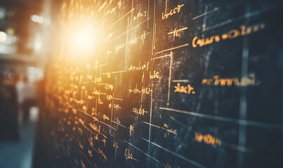 Fototapeta premium Mathematical formulas on chalkboard, industrial background, knowledge, research, education