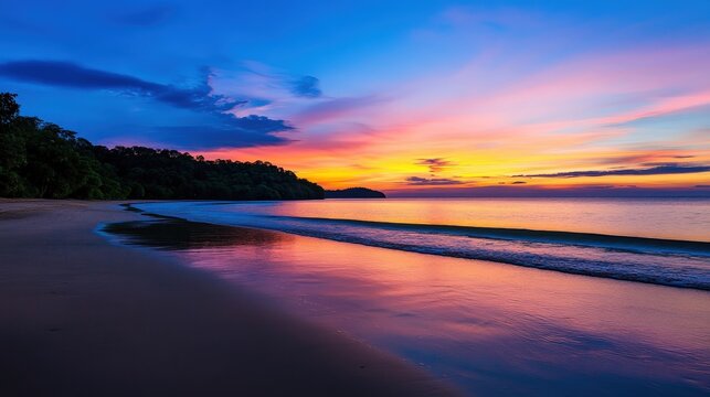 A stunning sunset over a tranquil beach, featuring vibrant colors reflected on the calm water, framed by lush greenery and gentle waves. A perfect scene of nature's beauty.