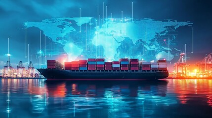 Cargo container ship with digital connections and a global map overlay, illustrating modern logistics, trade, and global shipping networks, Generative AI