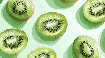 Fototapeta premium Fresh kiwi slices pattern on light green background with shadows: vibrant and refreshing fruit design