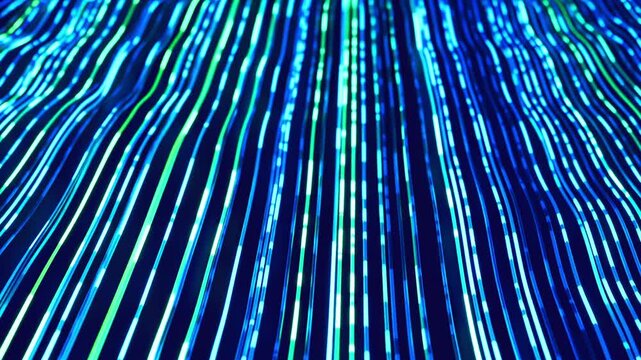 Internet data visualization. Bits going and coming in futuristic data flow: A row of glowing green and blue cables transmitting digital signals against dark background. Technology and security theme. 