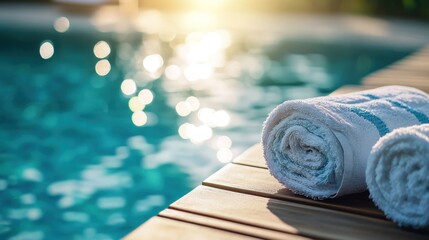 Rolled towels poolside, sunset, relaxation, summer vacation