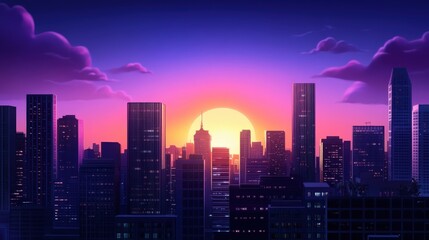Fototapeta premium A stunning urban skyline at sunset, showcasing silhouettes of skyscrapers against a vibrant purple and orange sky. A perfect blend of nature and modern architecture.