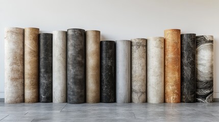 Assorted rolled rugs displayed upright in a row against a white wall