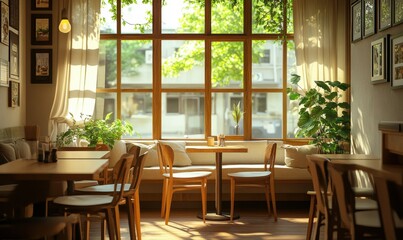 Cozy cafe interior with soft wooden furniture, bright sunlight streaming in through large windows, minimalist decor creating a serene atmosphere, warm tones