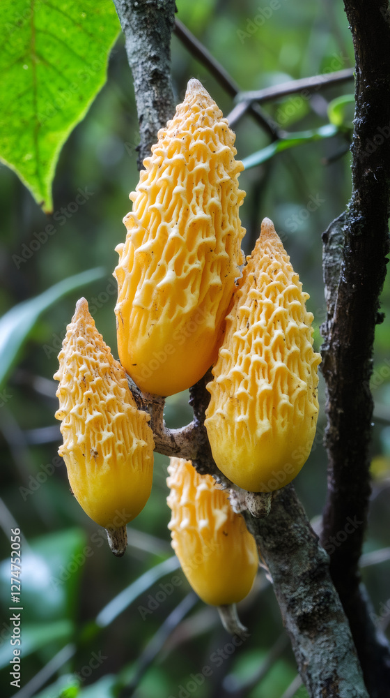 Poster Vibrant yellow mushrooms clustering on mossy tree branch, revealing intricate surface texture within dense woodland setting