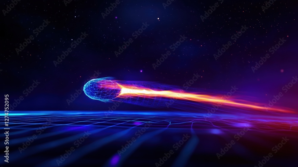 Poster a stunning visual of a comet soaring through a neon-lit landscape, showcasing the dynamic interplay 