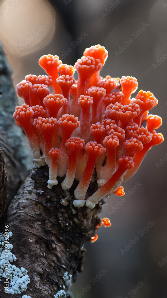 Poster Close-up of an orange fungus with small round caps growing on a tree branch covered in lichen, creating a vibrant contrast