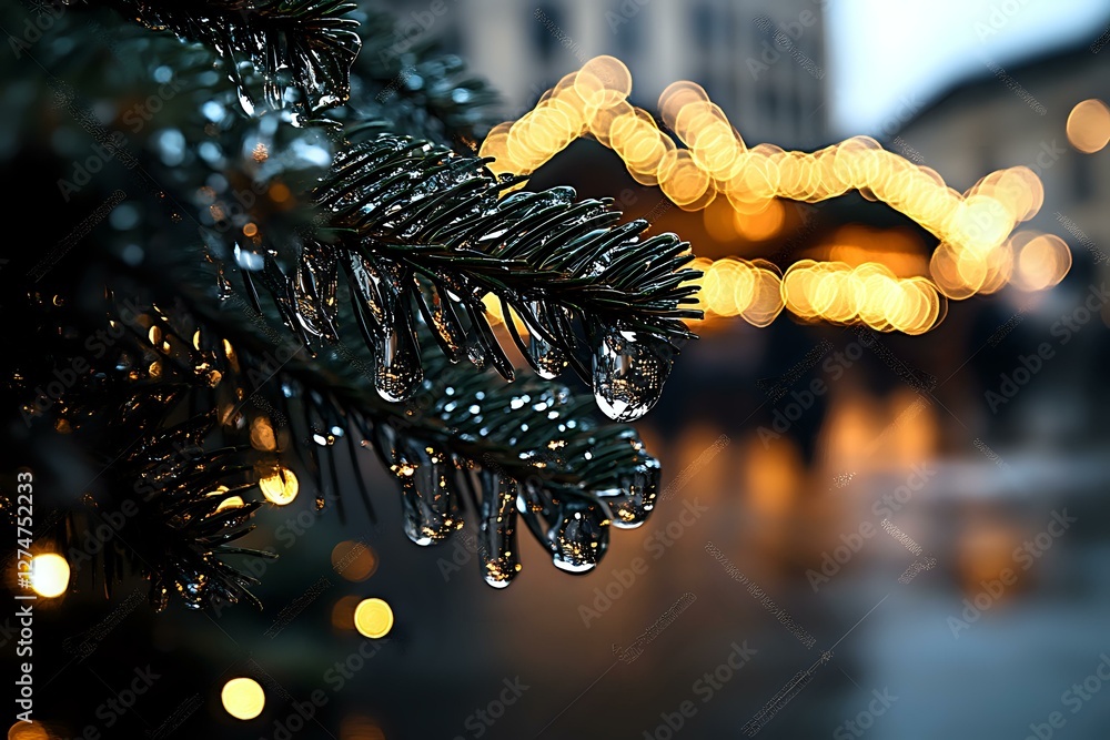 Poster raindrops on pine needles with bokeh lights creating magical winter atmosphere. close up of wet ever