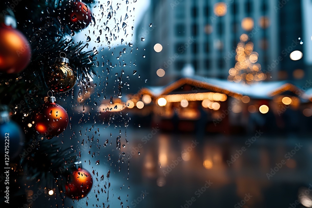 Poster raindrops on window with blurred christmas market and decorated tree in foreground, creating atmosph