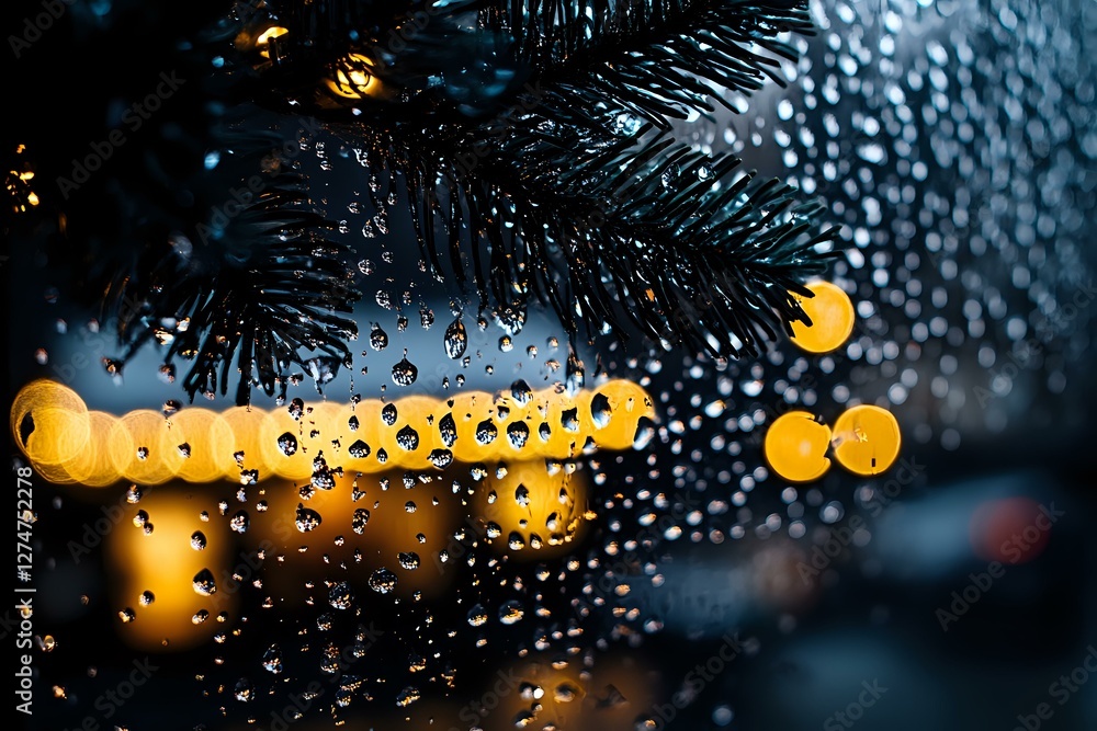 Poster raindrops on window glass with blurred yellow city lights and pine branches creating atmospheric bok