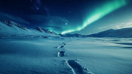 Naklejka premium Aurora Borealis over snowy mountains, footprints in the snow, night sky