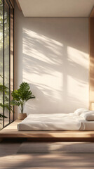 Fototapeta premium Minimalist and modern bedroom with wooden furniture and large window allowing natural light to enter, creating a peaceful atmosphere