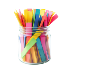 Colorful sticky notes in a glass jar, brightening up a workspace on a sunny afternoon isolated on transparent background