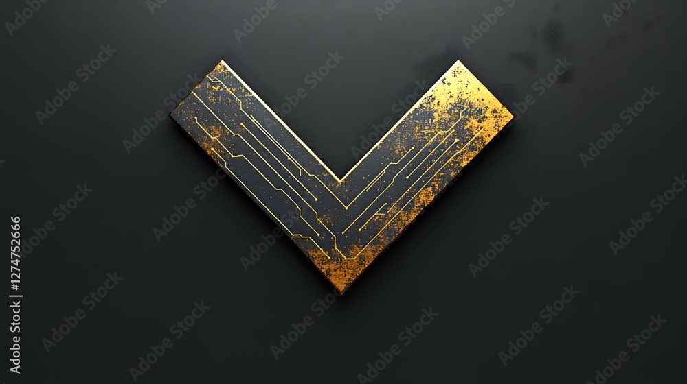 Poster futuristic gold and black chevron symbol with circuit board pattern and metallic texture on dark bac