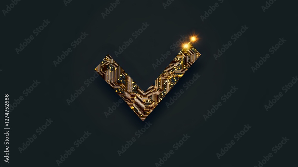 Poster glowing golden checkmark on dark background, luminous success symbol with metallic texture and spark