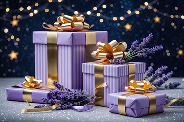 Elegant Lavender Gifts with Gold Stripes and Ribbons on a Celestial Background
