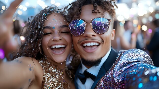 Young African American couple celebrating at party with glitter and sparkles. Woman in gold sequin dress and man in tuxedo with reflective sunglasses taking selfie, genuine joy.