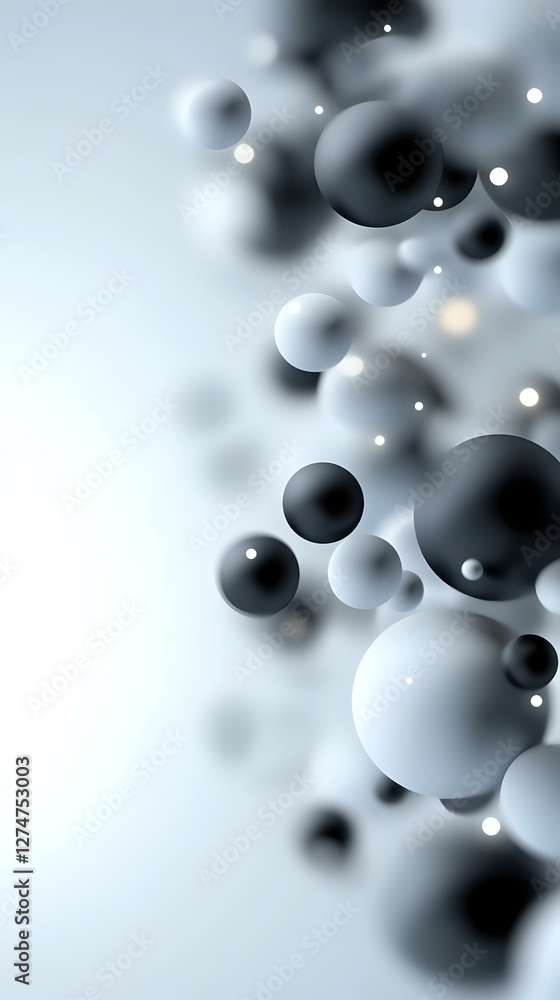 Poster abstract monochrome spheres floating in space with glowing light effects and soft bokeh on light gra