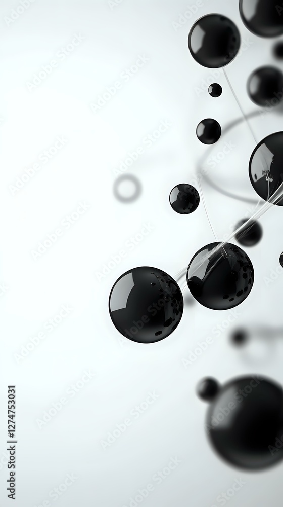 Poster black glossy spheres floating in white space with connecting lines create modern minimalist composit