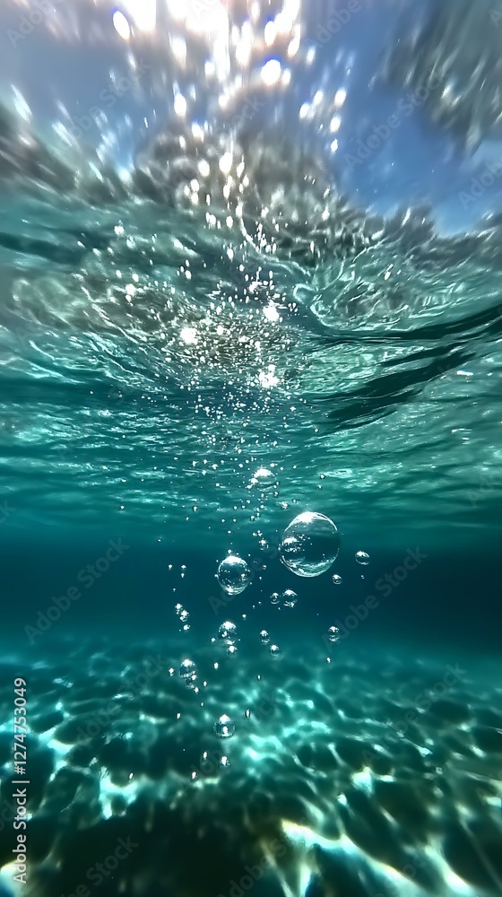 Poster underwater view of rising air bubbles in turquoise ocean water with sunlight streaming through surfa
