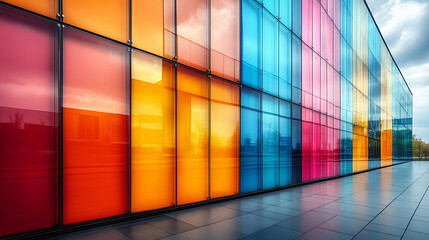 Colorful glass facade with vibrant geometric patterns. Modern architectural design featuring colorful panels, abstract shapes, and hues. Glass reflects the surrounding environment in a bright tone