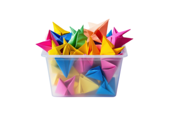 Colorful paper stars in a clear container, showcasing an artistic display of creativity and fun isolated on transparent background