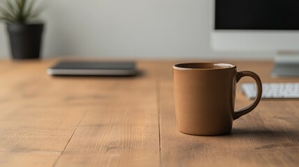 Brown mug on wooden desk in office,  casual workplace setting, digital device in background, for work related articles
