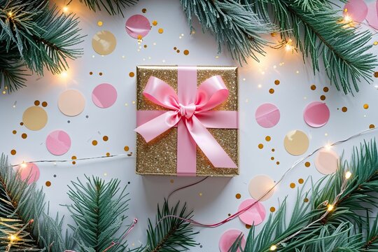 Festive Flat Lay of Glimmering Pine Needles Cheerful Gift Box with Pink Bow Soft Colors Sparkling Confetti and Twinkle Lights on White Canvas