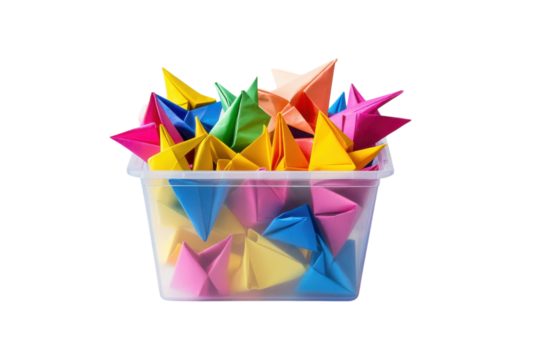 Colorful paper stars in a clear container, showcasing an artistic display of creativity and fun isolated on transparent background