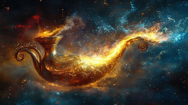 Enchanted genie lamp rising cosmic space digital artwork surreal environment wide viewpoint fantasy concept