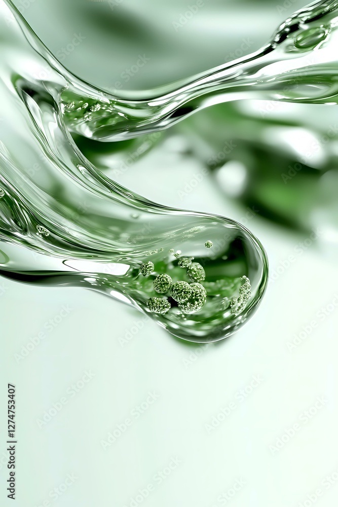 Poster flowing liquid with green spherical particles suspended in transparent fluid creates dynamic abstrac