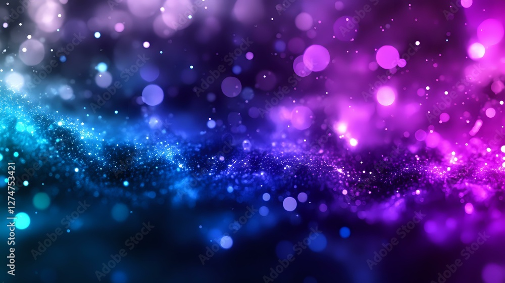 Poster magical glowing bokeh effect with blue and purple gradient background, sparkling particles and blurr