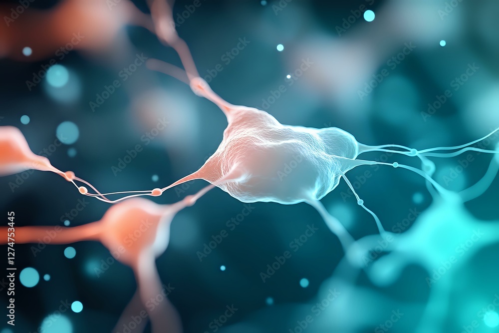 Aufkleber neuron cell network with synaptic connections in turquoise and coral colors on dark background showi