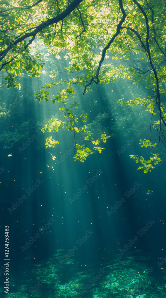 Aufkleber light rays filtering through fresh green leaves and illuminating turquoise water surface in a magica