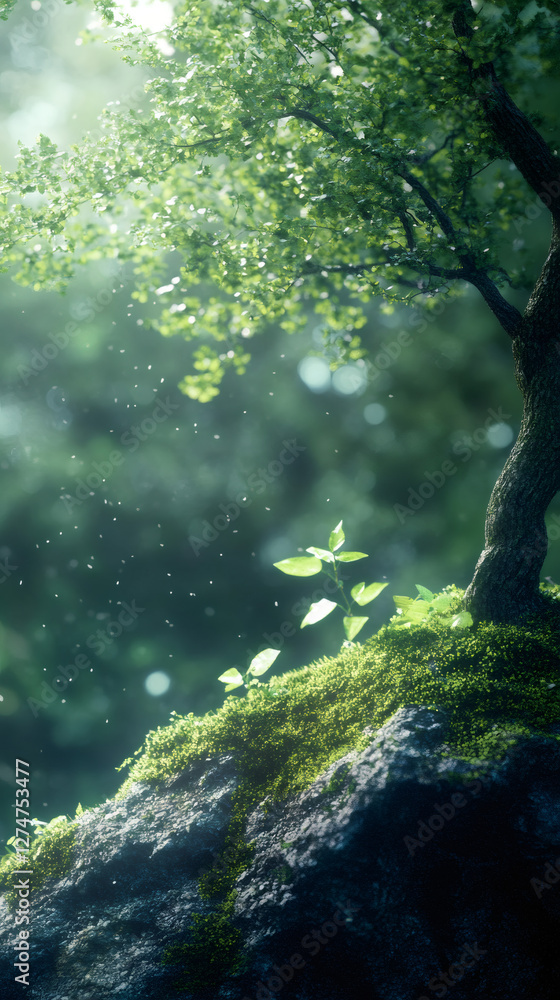 Aufkleber Sunlight filters through leaves of vibrant tree growing on mossy rock, creating enchanting atmosphere in a tranquil forest setting